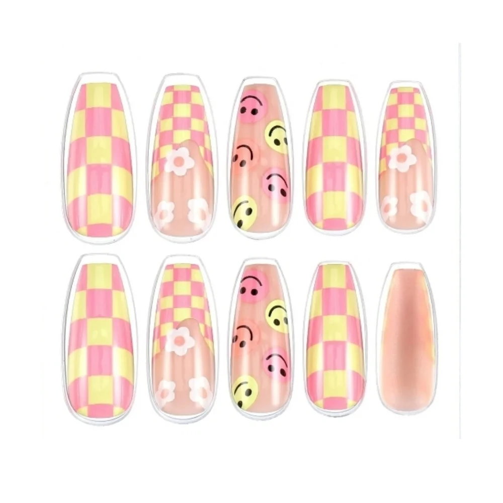 Smiley Checkered Press On Coffin Nails Teeanger Girls Accessories Y2K Gift